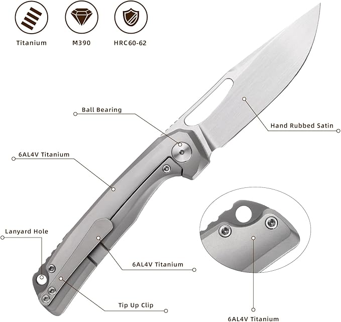 Pocket Knife 3.5 M390 Blade Folding Knife Hunting Knife with Titanium Handle and Pocket Clip EDC Knives for Hunting Camping Survival Outdoor Fishing Hiking（Grey）