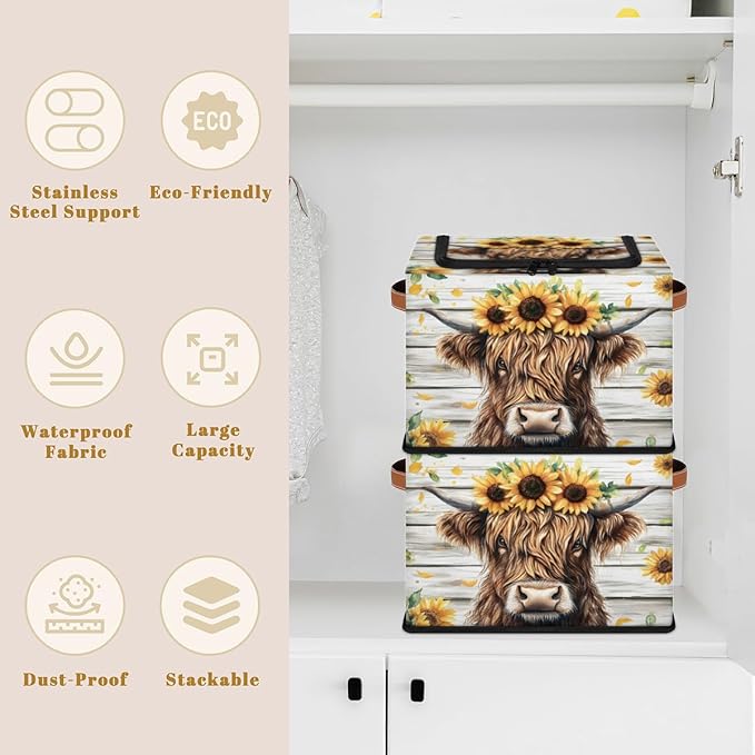 Highland Cow Storage Bins with Zipper Lid Rustic Sunflower Fabric Lidded Storage Baskets Cubes with Handles Decorative Foldable Shelf Closet Organizer Container