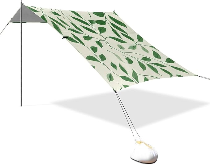 xigua Leaves Beach Tent Sun Shelter with Carrying Bag - Silver Coated Oxford Fabric Beach Canopy for Beach Camping Fishing - Includes Windproof Ropes Sandbags &amp Stakes