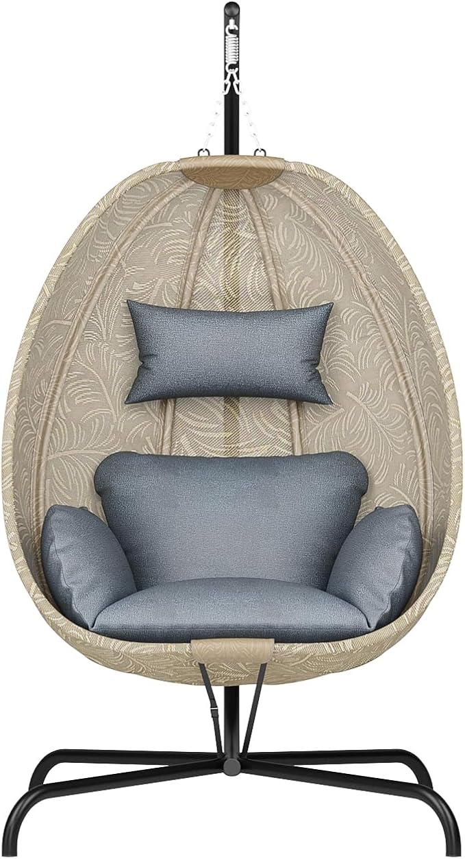 ALAULM Foldable Egg Chair with Stand 485LBS Capacity Textilene Hammock Swing Chair for Outdoor &amp Indoor Hanging Chair with Strong Frame &amp UV Resistant Cushion for Balcony Bedroom Light Gra