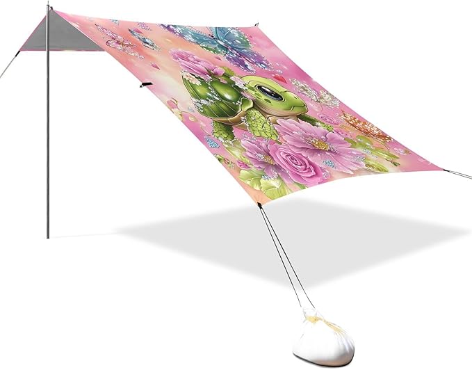 ALAZA Turtle Flowers Butterfly Dreamy Beach Tent Sun Shelter UPF50+ Protection Beach Shade Canopy w/ 4 Sandbags for Outdoor Camping Fishing Backyard Fun Picnic 10x9 ft
