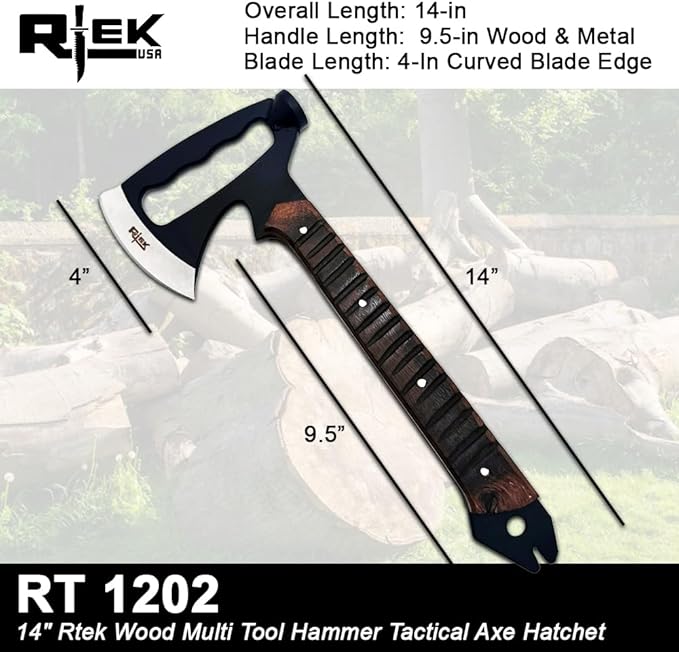 Rtek Tactical Axe &amp Hatchet with Leather Sheath – Full Tang Stainless Steel Wood Handle – Camping Survival Bushcraft Multi-Tool with Hammer Spike Nail Puller (12 14 19) (RT 1202-14 Inch)