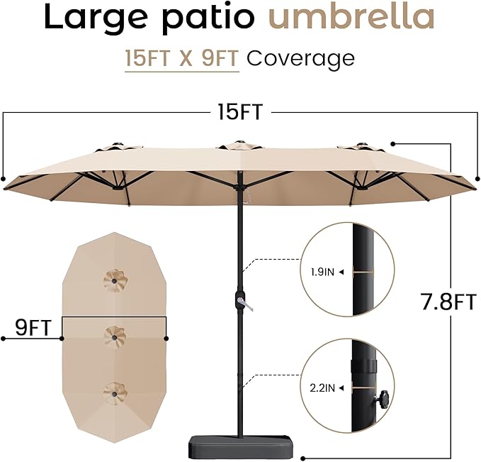 DomeShade 15ft Patio Umbrella with BaseLarge Outdoor Double-Sided Rectangle Umbrella with Crank Handle Market Umbrella for Poolside Garden Deck Backyard Beach Pools Beige