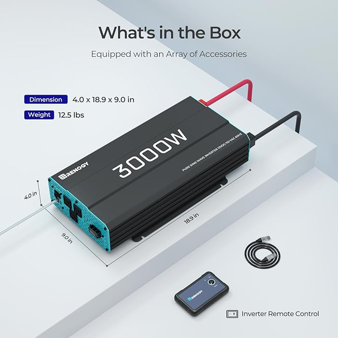 Renogy Inverter P2 3000 watt Pure Sine Wave Inverter Solar Car Power Inverter 12V to 120V AC Converter for RV Truck Camping Home Backup Outdoor Emergency Off-Grid Living 16.4FT Remote Control