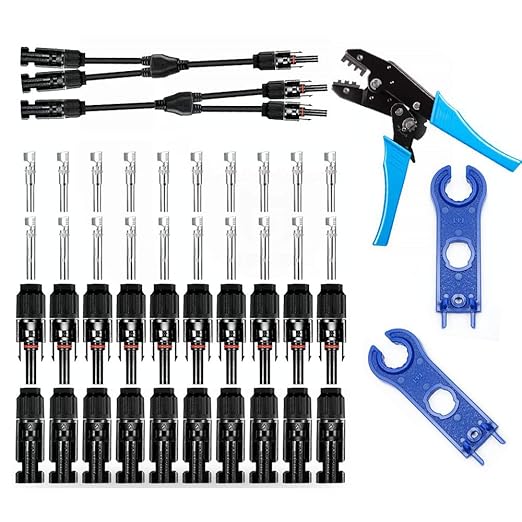 Solar Panel Crimping ToolCrimping Tool Kit with 10PCS Connectors and 2PCS Spanner Wrench and 2PCS Y Solar Connectors and Solar Wire Crimping Tool for PV Cable