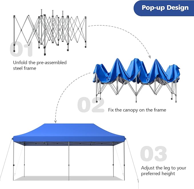 Tangkula 10x20 Ft Pop Up Canopy Tent Easy Set-up Outdoor Commercial Instant Tent with Roller Bag 3 Adjustable Heights Portable Folding Canopy with 200 Square Feet of Shade (Blue)