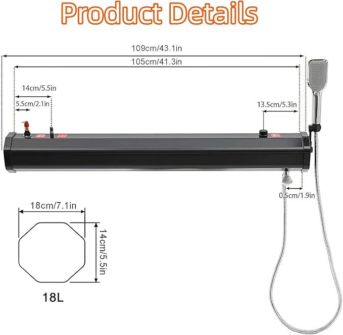 Large Capacity Roof Mounted Road Shower18L/20L/30LPressurized Water Tank for Camping Shower with 5.58ft Water Hose &amp Shower Head for Trucks Off Road Vehicles RV