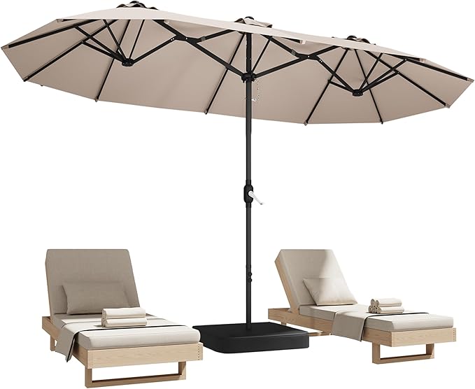 DomeShade 15ft Patio Umbrella with BaseLarge Outdoor Double-Sided Rectangle Umbrella with Crank Handle Market Umbrella for Poolside Garden Deck Backyard Beach Pools Beige