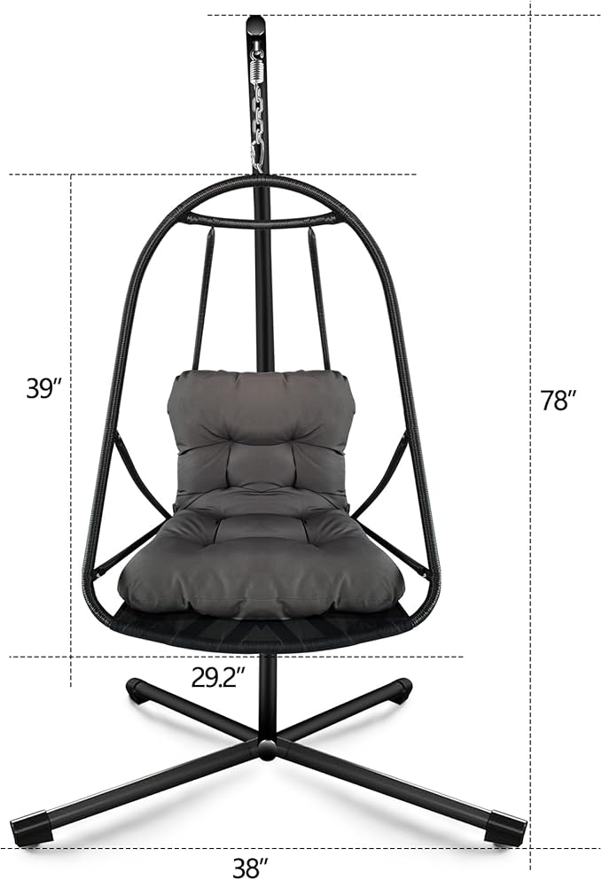 Swing Egg Chair with Stand for Indoor and Outdoor Use Wicker Rattan Patio Basket Hanging Chair with C-Type Bracket Includes Cushion and Pillow Foldable Design with Cup Holder