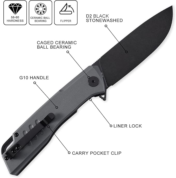 Petrified fish PFB02 Loco Pocket Knife 3.70 D2 Satin Blade Camping Knife 5.29oz G10 Handle Flipper Liner lock Folding knife for EDC (Gray Black Stonewashed)