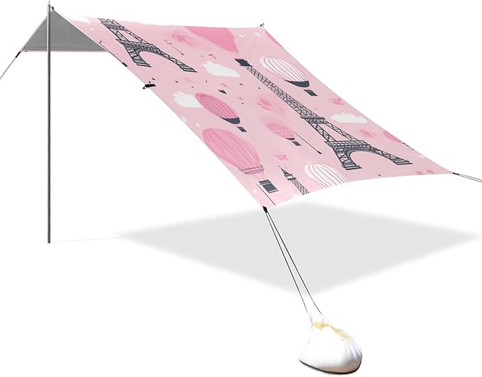 ALAZA Paris Eiffel Tower Hot Air Balloon Pink Beach Tent Sun Shelter Portable Canopy Sunshade for Outdoor Camping Picnics Backyard Fun 10x9 ft
