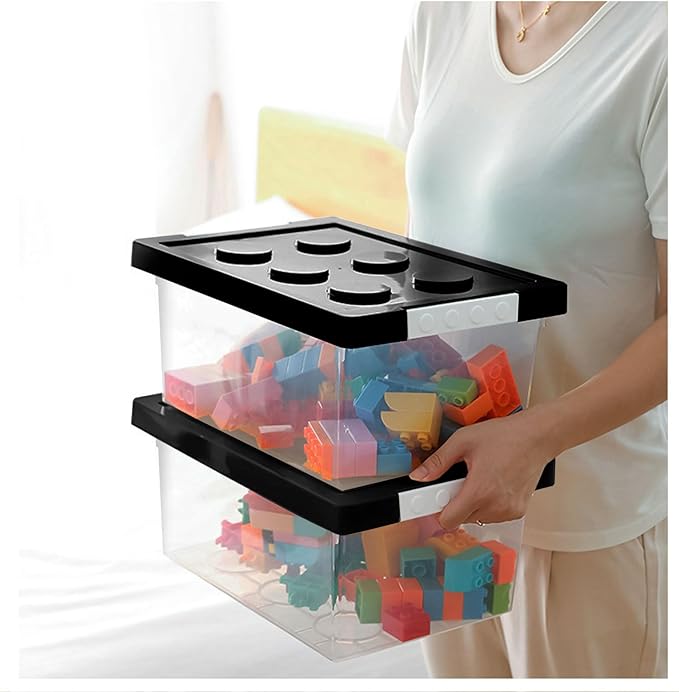 loobuu Plastic Storage Bins with Lids - Stackable Toy Storage Organizer Box Set of 2 Toy Chests with Compatible Building Baseplate and Lid Storage Container for Building Bricks &amp Toys- Black