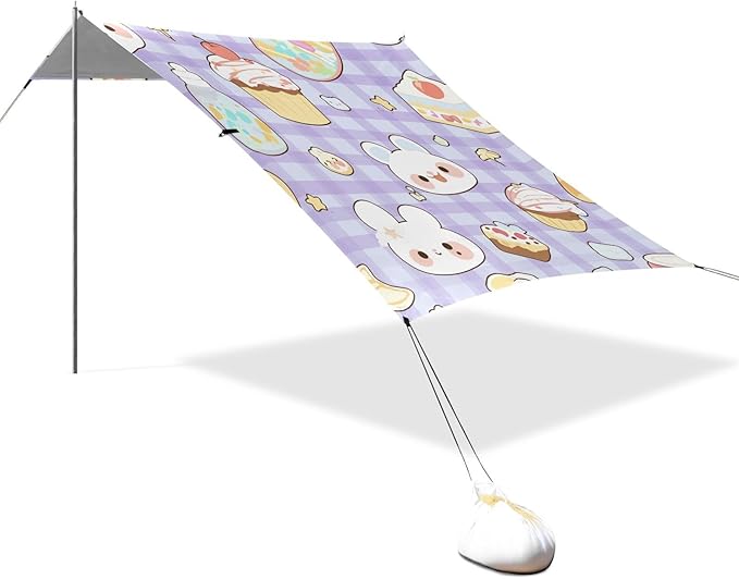 Cute Cupcakes in Blue Plaid Foldable Beach Tent UPF50+ Protection Water-Resistant Portable Sun Shelter with Sand Shovel for Camping Picnics Backyard &amp Fishing