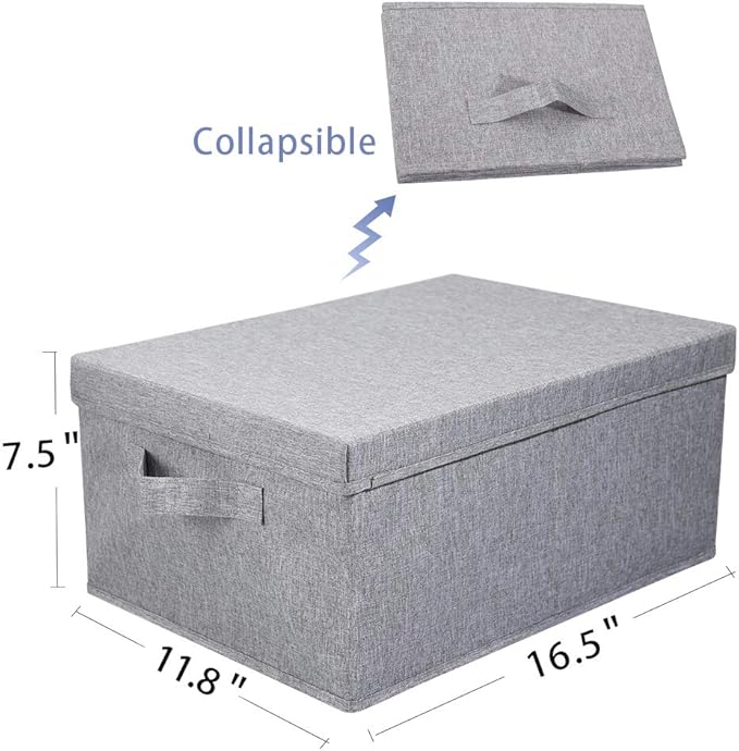 HOONEX Linen Foldable Storage Bins with Lids 2 Pack Storage Boxes with Carrying Handles and Sturdy Heavy Cardboard 16.5 L x 11.8 W x 7.5 H for Shoes Books Clothes Light Grey