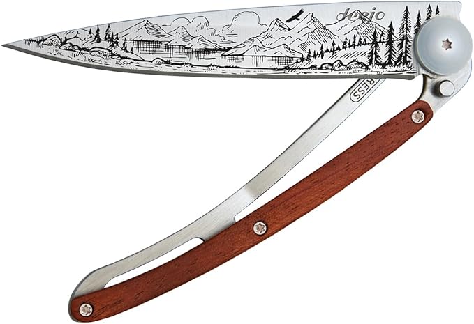 deejo - 37G Folding Pocket Knife with Belt Clip - Mountain Design 3.7-Inch Stainless Steel Blade Coral Wood Handle - Lightweight Everyday Carry for Home Work and Outdoor Use