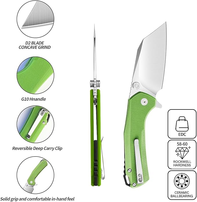 ioko Folding Pocket Knife 3.5-Inch D2 Steel Blade G10 Handle EDC Camping Survival Knife with Clip (Green)