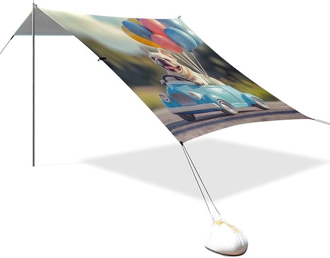ALAZA French Bulldog Driving Car with Balloons Dog Beach Tent Sun Shelter Portable Canopy Sunshade for Outdoor Camping Picnics Backyard Fun 10x9 ft
