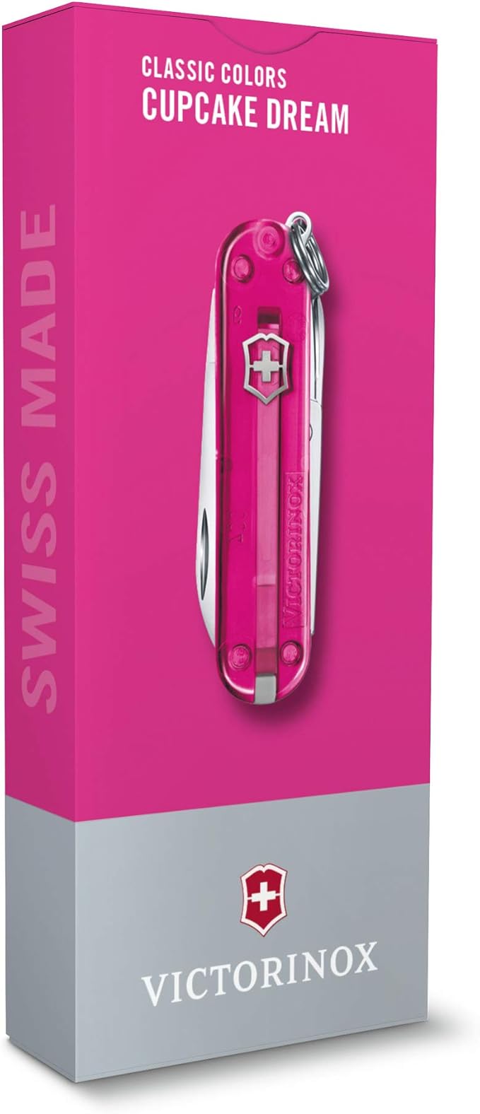 Victorinox Classic SD Swiss Army Knife Compact 7 Functions Swiss Made Pocket Knife with Small Blade Screwdriver and Key Ring - Cupcake Dream (Pink Translucent)