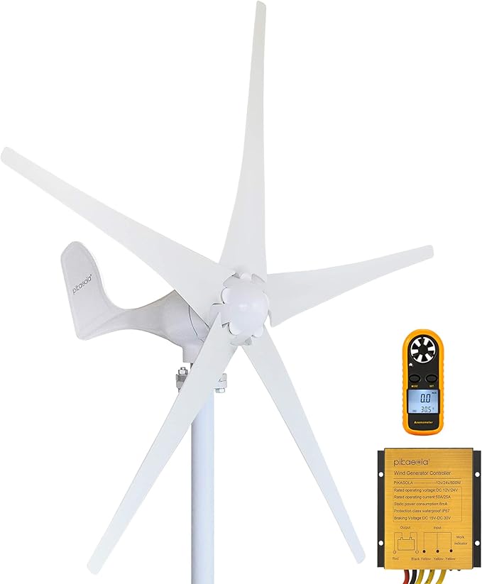 Pikasola Wind Turbine Generator Kit 400W 12V with 5 Blade with Charge Controller Wind Power Generator for Marine RV Home Windmill Generator Suit for Hybrid Solar Wind System
