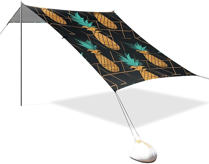 ALAZA Pineapples Geometric on Black Beach Tent Sun Shelter Portable Canopy Sunshade for Outdoor Camping Picnics Backyard Fun 10x9 ft