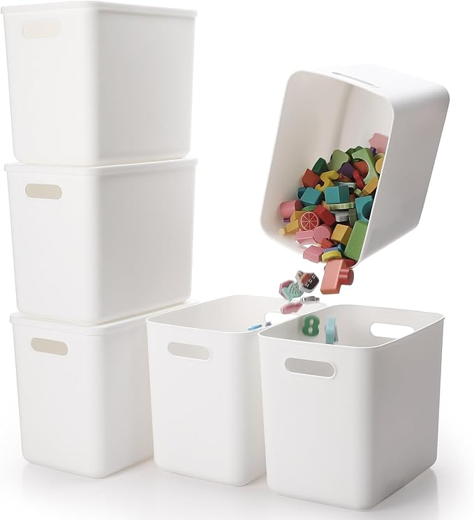 Honeydak 6 Pcs White Plastic Storage Bins with Lids 11.81 x 8.07 x 9.84 Plastic Storage Baskets Boxes Stackable Containers with Lids Organizer Bins for Shelves Drawer Playroom