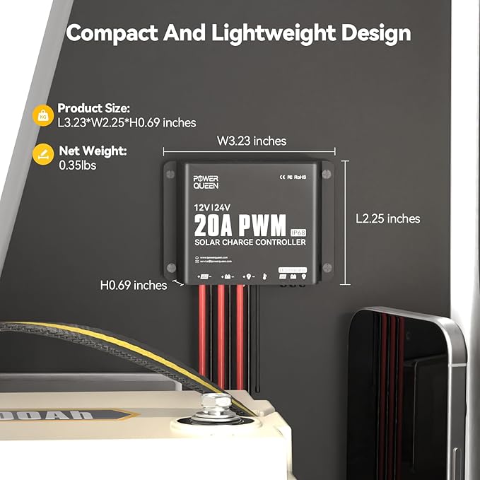 Power Queen 20A 12V/24V PWM IP68 Waterproof Solar Charger Controller with LED Indicators Ideal for LiFePO4 AGM Gel Flooded Battery in RVs Trailers Boats Yachts