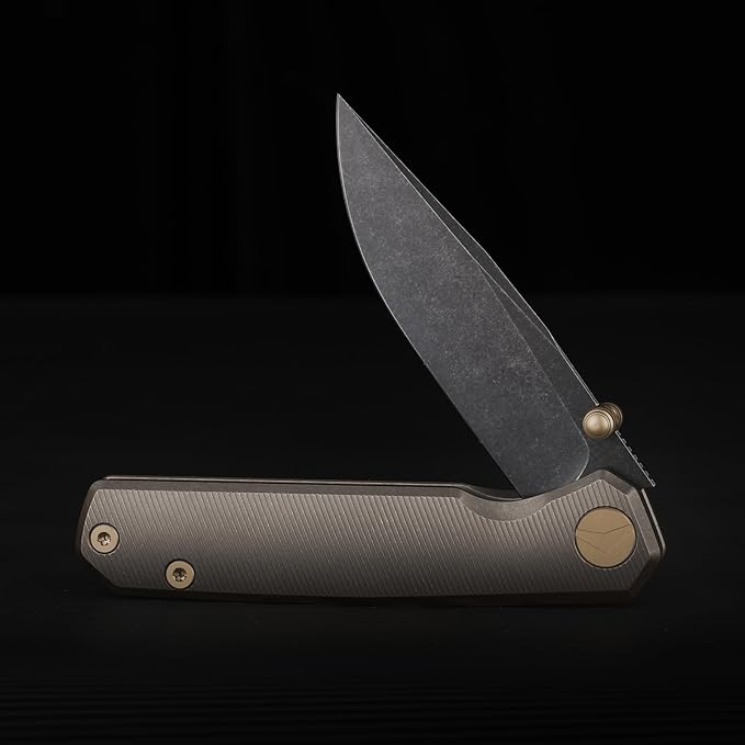 Folding Pocket Knife 2.95 Elmax Blade EDC Knife with Titanium Handle and Frame Lock Small Pocket Knife with Clip for Men Sharp Camping Hiking Hunting Survival Knives (Gold)