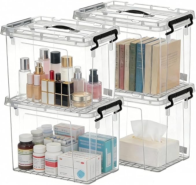 112 QT Clear Storage Bins with Lids 4 Pack 28 QT-Stackable Plastic Organizer for Home Office Garage BPA-Free Heavy-Duty See-Through Containers with Secure Latches &amp Handles