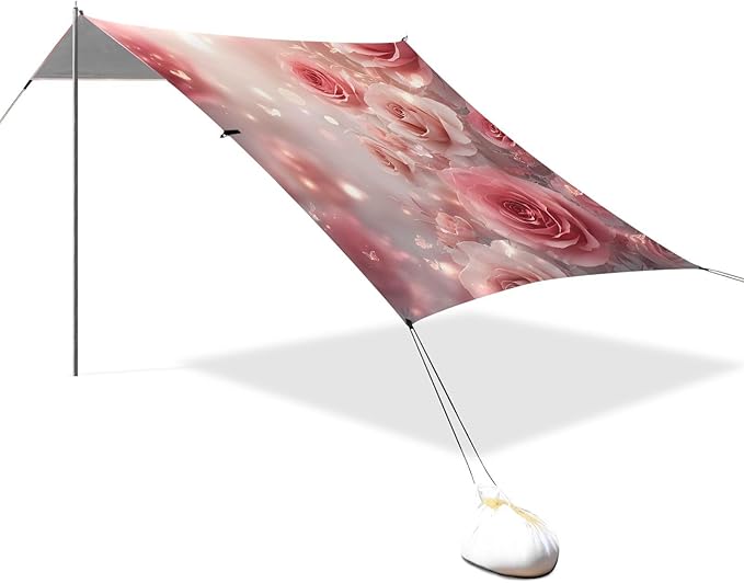 ALAZA Dreamy Pink Rose Flower Beach Tent Sun Shelter UPF50+ Protection Beach Shade Canopy w/ 4 Sandbags for Outdoor Camping Fishing Backyard Fun Picnic 10x9 ft