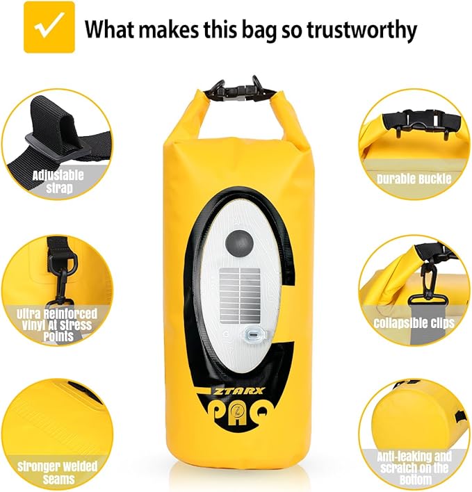 Qoolife Dry Bag Waterproof with Solar Bluetooth Speaker &amp Light - 10L/20L Roll Top Dry Sack Keeps Gear Dry for Men Women Kayaking Beach Rafting Boating Hiking Camping and Fishing