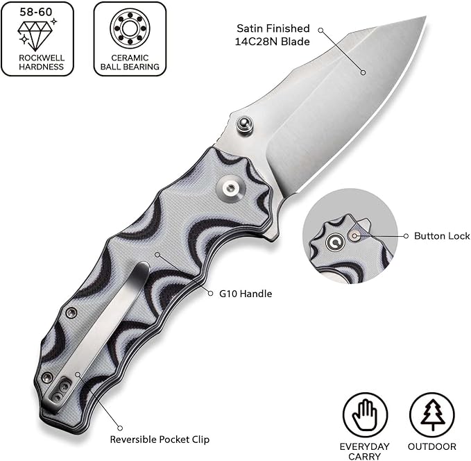 CIVIVI Natterjack Pocket Folding Knife 3.19 14C28N Blade G10 Handle with Reversible Clip Thumb Stud &amp Flipper Opener Knife for Camping Hiking EDC C24028-3 (White and Black)