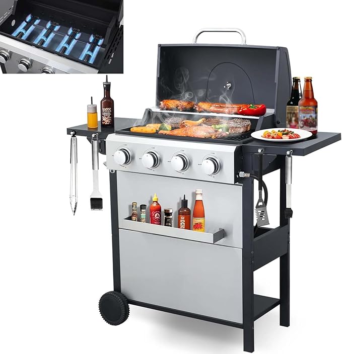 4-Burner Propane Gas Grill with 2 Foldable Side Tables 34200 BTU Outdoor BBQ Grill with Porcelain-Enameled Flame Tamers Built-in Thermometer Easy Assembly for Patio Backyard BBQ