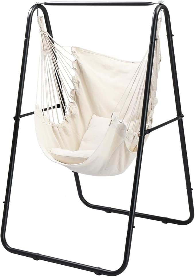ONCLOUD 600LBS Heavy-Duty Hammock Chair with Stand Steel Hanging Chair Stand with Hook &amp Pillows Durable Swing Stand for Indoor Outdoor Weather Resistant Support Base Black (Hammock w/Stand)