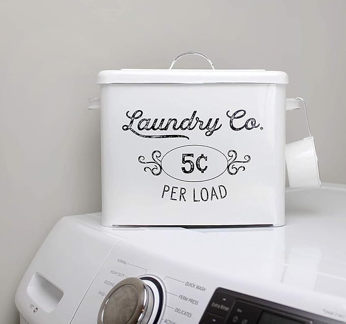 AuldHome Design Farmhouse Laundry Powder Container White Enamelware Detergent Bin w/Scoop