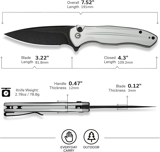 CIVIVI Kitefin EDC Pocket Knife 3.22“ 14C28N Drop Point Blade Folding Knife Aluminum Handle with Reversible Clip for Camping Hiking Hunting C24091-2 Silver