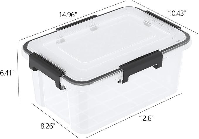 12 Quart Plastic Gasket Box with Tight Latch and Seal Storage Bins with Snap Lid Clear Latching Storage Box 6 Packs