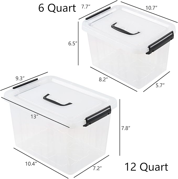 Ggbin Clear Plastic Latch Storage Box with Handle 6 Quart &amp 12 Quart Lidded Storage Container 2 Packs