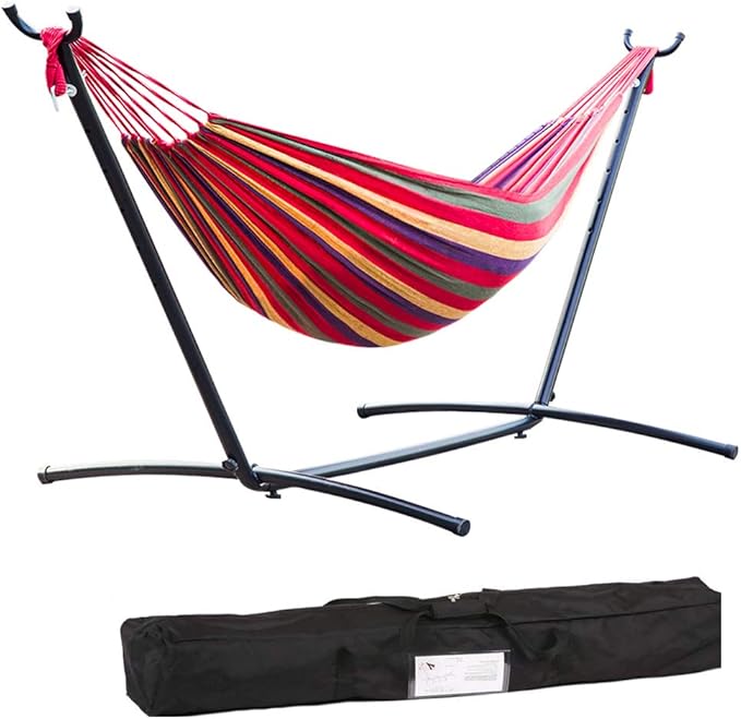 Hammock and Stand Heavy Duty Portable Solid Steel Stand with Carrying Case Adjustable 9Ft Indoor-Outdoor 2 Person Large Camping Weather Resistant Hammock Stands for Backyard Decor Bed Patio Lawn Garde
