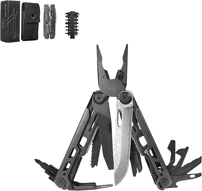Multitool 24-in-1 Full-Size Lightweight EDC Multi-Purpose Pliers Damascus Steel Main Blade Outdoor Gear Camping Knives &amp Tools Gifts for Guys Gifts for Hunters Men who have Everything (Bla