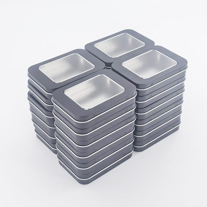 24 Pack Empty Rectangular Metal Storage Organizer Tins with Clear Window Hinged Lids for Small Items and Other Craft Projects (Black 3.9 x 2.8 x 0.8 inch)