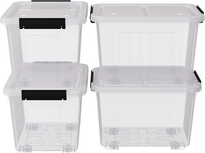 50 Quart Clear Large Storage Totes with Wheels Plastic Storage Box with Lid 4-Pack