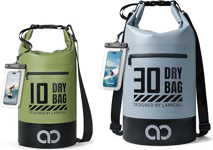 Lamicall 10L &amp 30L Dry Bag Waterproof Backpack - [Zippered Pocket] Roll Top Waterproof Bag Olive Green &amp Blueish Gray