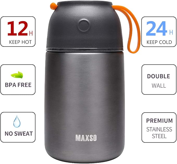MAXSO 2 Pack Soup Thermo for Hot &amp Cold Food for Kids Adults Vacuum Insulated Food Jar Thermal Lunch Containers Travel Food Flask with Spoon (24 oz17 oz) (Grey)