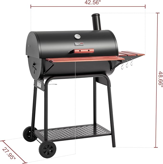 Royal Gourmet CC1830V 30 Barrel Charcoal Grill with Wood-Painted Side Front Table 627 Square Inches Cooking Space for Outdoor Backyard Patio and Parties Black