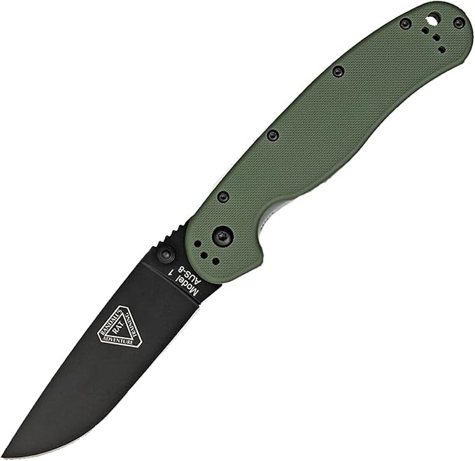 Ontario Knife Company Rat I Folding Pocket Knife Black Coated AUS-8 Stainless Steel Drop Point Blade OD Green Nylon Handle Knife Everyday Carry Knife – ON8846OD