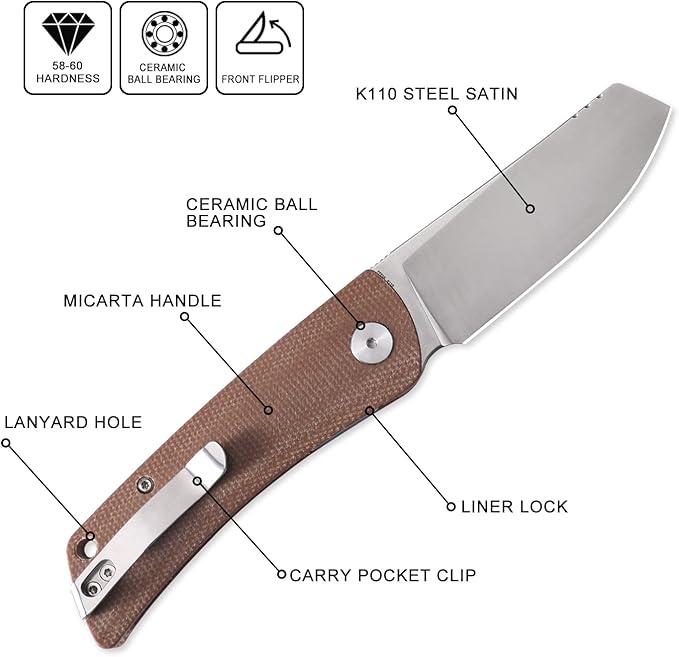 Petrified fish PFE05 Flavorist3.15 K110 Satin Blade 94g Micarta Handle Front Flipper Liner lock Folding knife (Brown)