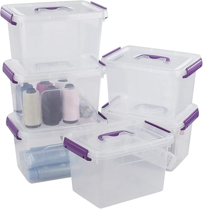 Clear Plastic Bin with Lid 6 Quart Latching Box with Purple Handle 6 Packs