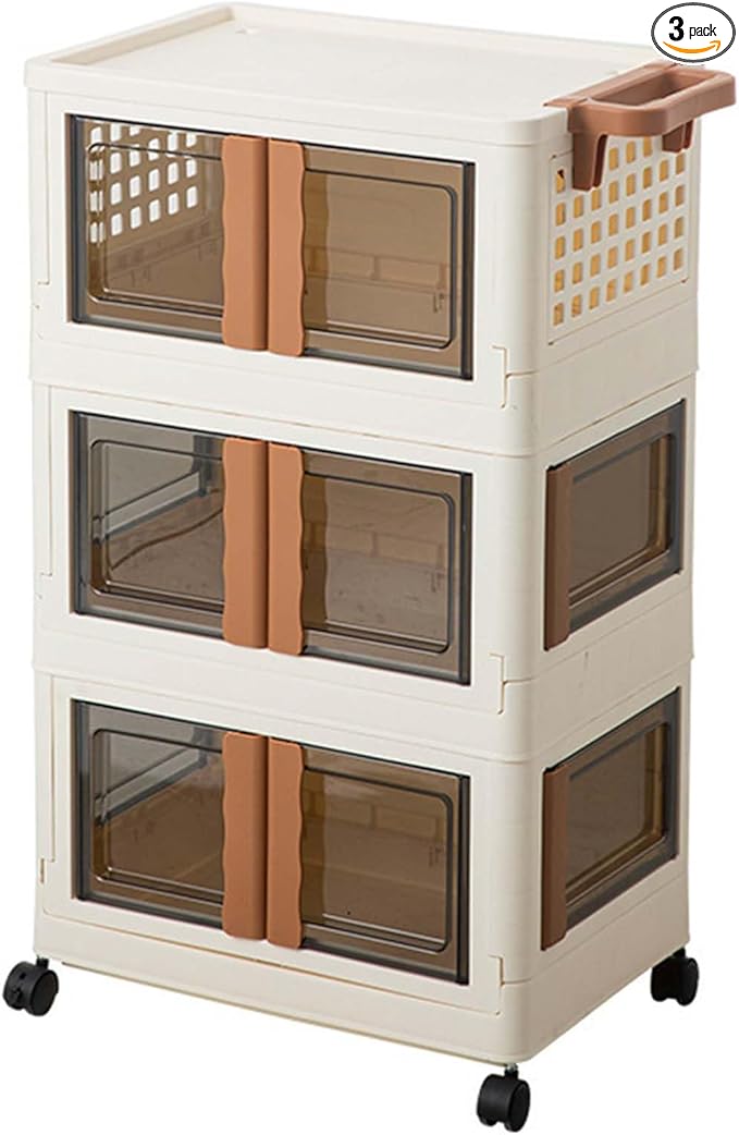 UHAPEEER 165Qt Stackable Storage Boxes with Lid 13.7Gal*3 Large Storage Bins with Wheels and Handle Plastic Storage Cabinet Collapsible Storage Bins with Front &amp Side Open Door for Closet Organi