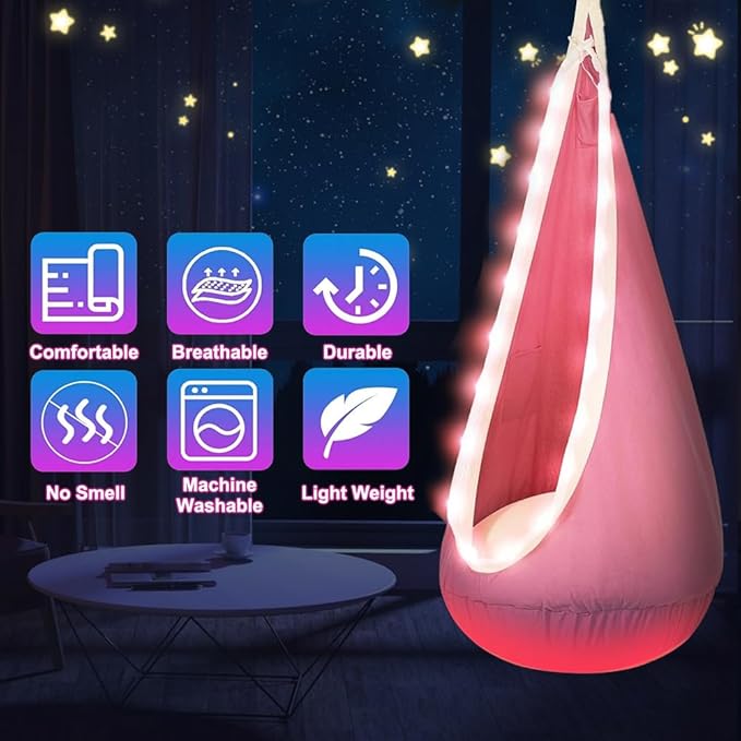 Light Up Swing Chair Hammock Chair Indoor Outdoor for Kids Pod with LED Lights Soft and Safe 176 lb. Load Capacity Easy Installation Perfect for Bedroom Garden and Playroom (Pink)