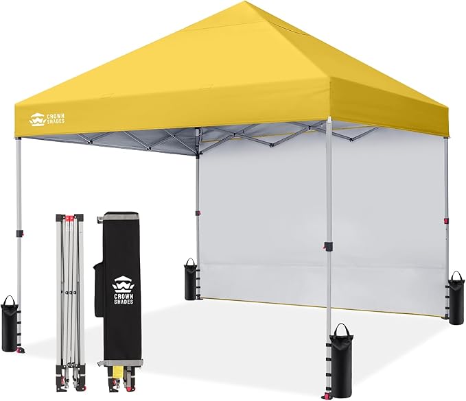CROWN SHADES 8x8 Pop Up Canopy with 1 Side Wall - Beach Tent with One Push Setup - Outdoor Sun Shade for Events Parties Camping - Gazebo with STO-N-Go Cover Bag (Yellow)